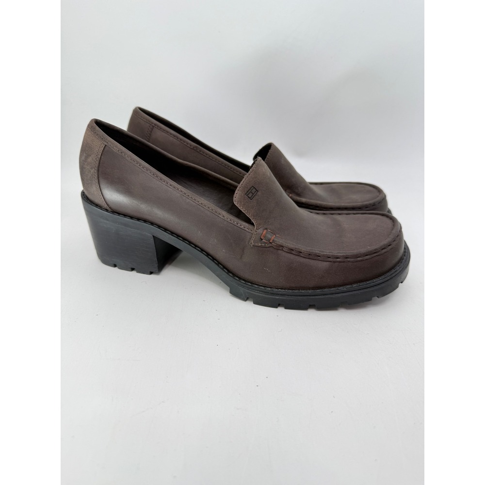 Tommy Hilfiger Brown Leather Chunky Lug Sole Loafers Block Heel Shoes Womens 10M